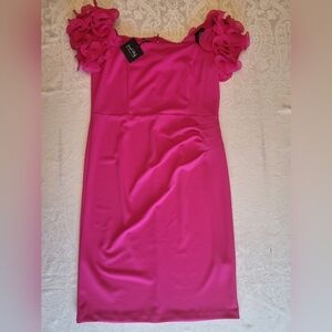 Joseph Ribkoff Signature Hot Pink Sheath Dress with Ruffled Sleeves, Size 16